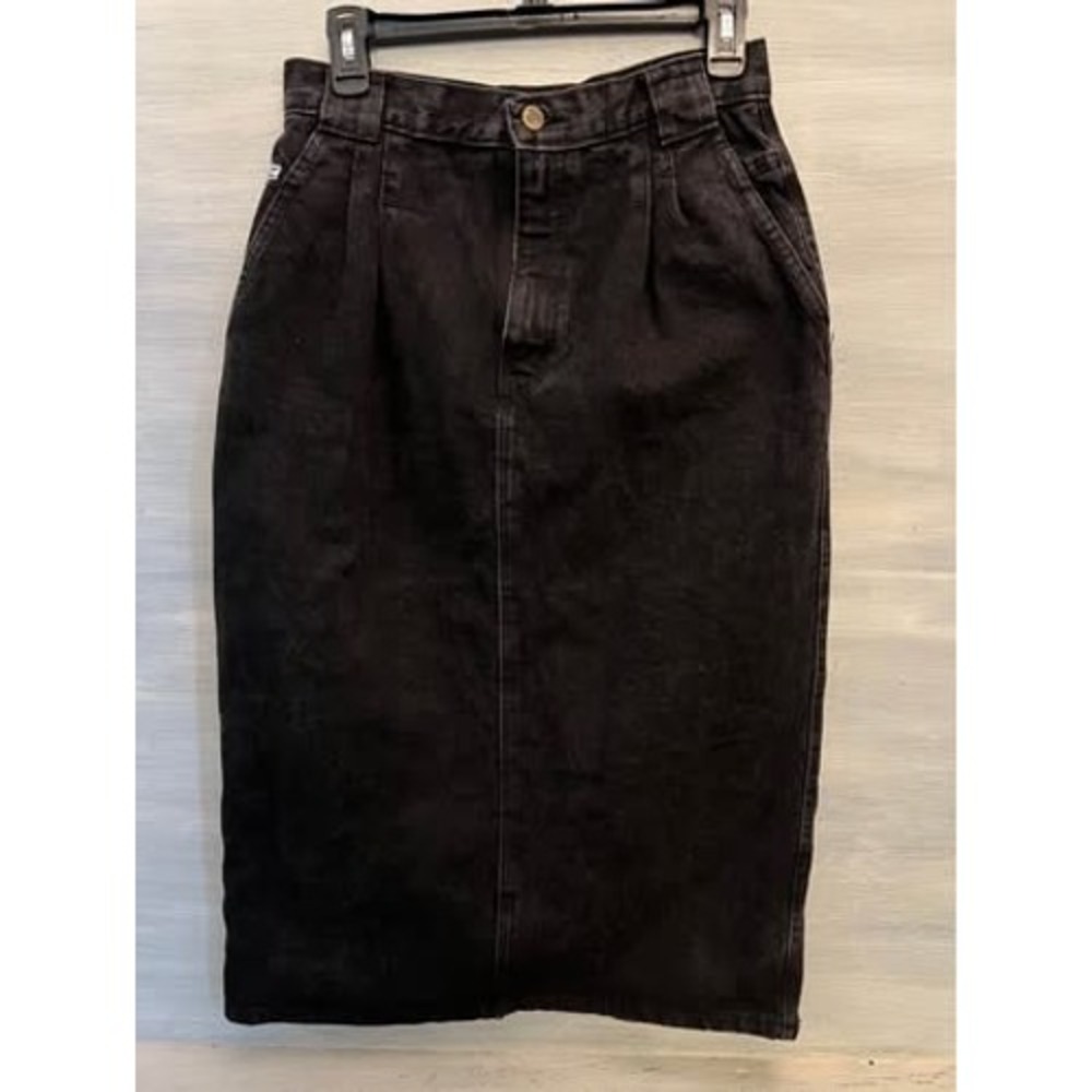 Vintage Chic 100% Cotton Denim Black Midi Pencil Skirt Size 11 Good Condition
